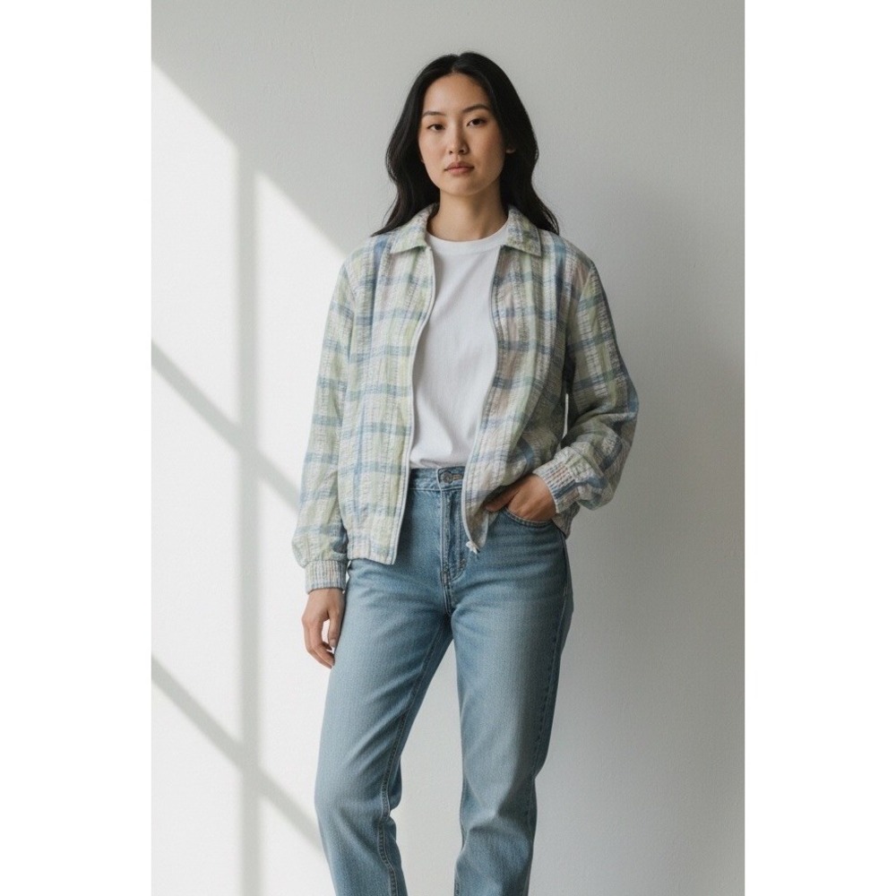 Vintage Medium National Textured Plaid Zip-Up Collard Pastel Jacket